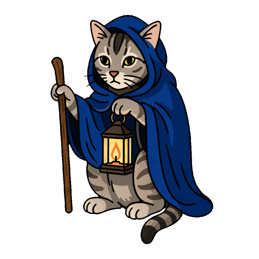 Bast, the hooded cat guide with staff and lantern